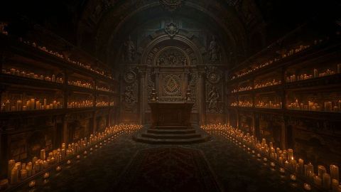 Gothic chamber with illuminated wooden altar and carved masonic icons