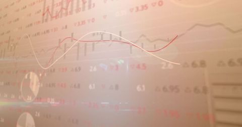 Futuristic translucent market chart reflecting on office glass with red trend line