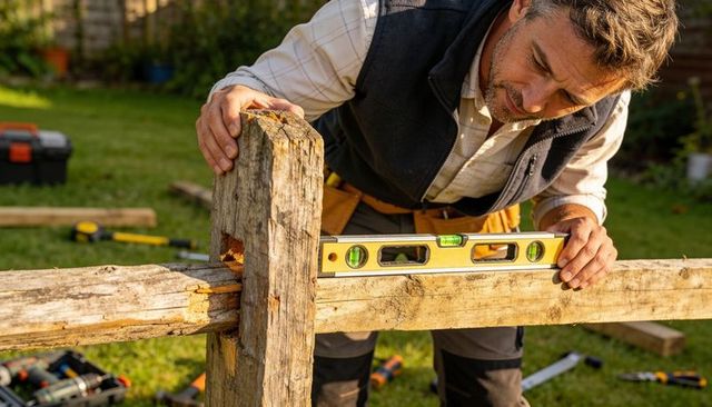 Handyman repairing rustic wooden fence using spirit level for precision in sunny backyard