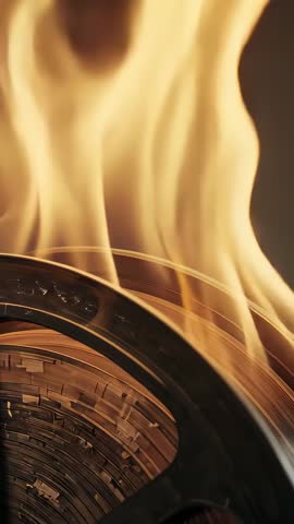Vertical video showing film reel curling with flames rising and casting reflections on metal rim