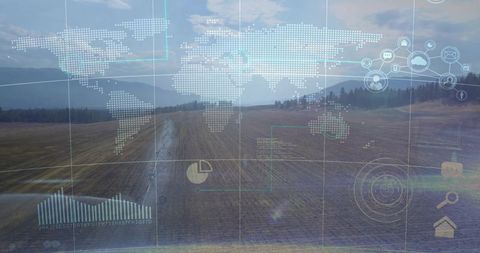 Futuristic digital technology overlay on rural agricultural field