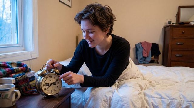 Smiling person waking up reaching for vintage twin-bell alarm clock in cozy sunlit bedroom