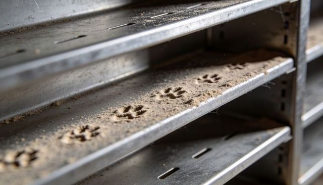 Tiny paw prints tracing dust on industrial steel shelving, workshop storage detail