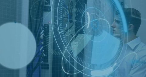 Technician analyzing network hardware in data center