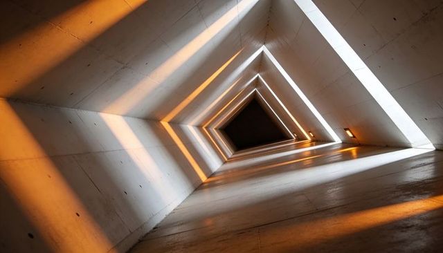 Golden Light Streaming Through Triangular Concrete Corridor Geometric Infinite Tunnel