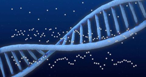 DNA Double Helix Twisting with Digital Particles on Blue Atomic Background