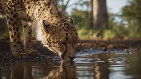 Cheetah Quenching Thirst at Forest Puddle during Early Dawn