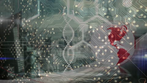 Futuristic DNA Strand with Digital Globe Overlay on Cityscape