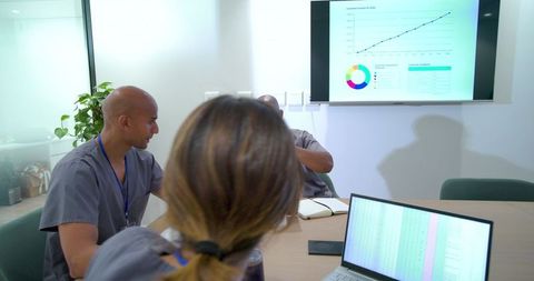 African american clinicians reviewing healthcare data dashboard during team meeting