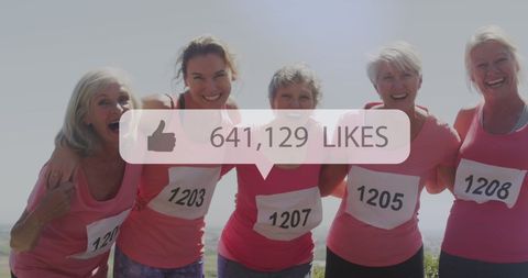 Joyful Senior Women Runners Celebrating Race with Social Media Overlay