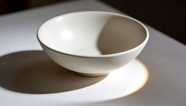Minimal off-white ceramic bowl casting soft shadow with warm crescent light