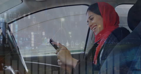 Woman in Red Hijab Using Smartphone with Data Animation Overlay