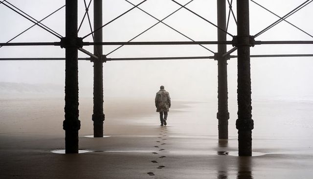 Solitary man walking beneath pier leaving footprints on foggy beach at low tide