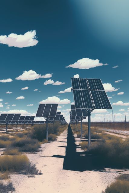 Photograph capturing an array of solar panels in a desert landscape under a clear blue sky with scattered clouds. Ideal for topics related to renewable energy, sustainable technology, environmental conservation, and climate change. Useful for educational posts, energy production articles, and green technology presentations.