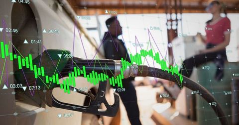 Digital graph over diverse couple at gas station