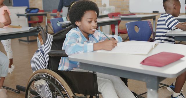 Student in wheelchair studying at desk in inclusive classroom - Download Free Stock Images Pikwizard.com