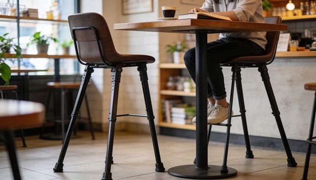 Reading and sipping coffee at wooden high table in minimalist cafe, casual patron studying
