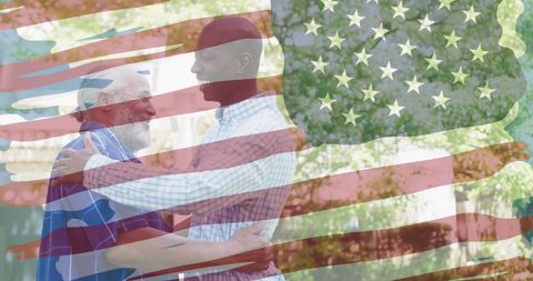 Diverse father and son bonding with usa flag transparency