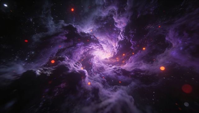 Violet cosmic vortex swirling nebula with luminous white-pink core and ember glow