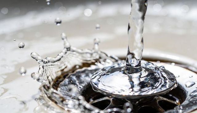 Pouring water creating crown splash at stainless sink drain with metallic reflections