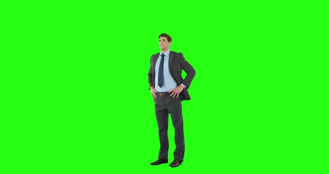 A young Caucasian businessman stands confidently against a green screen background, with copy space. His professional attire and posture suggest a corporate or entrepreneurial environment.
