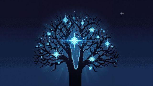 Glowing pixel-art leafless tree radiating cyan-blue star lights with central vertical beam