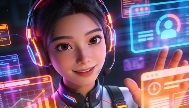 Female streamer interacting with neon holographic interfaces in futuristic cyberpunk studio