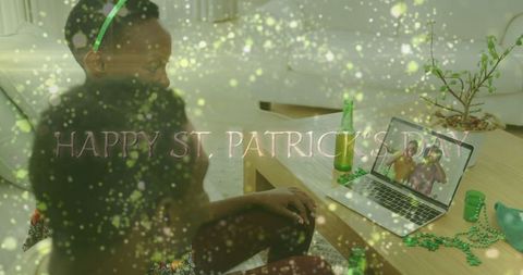 Couple Celebrating St. Patrick's Day Virtually with Friends