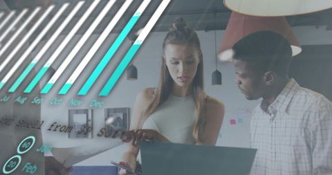 Collaborating colleagues analyzing business dashboard on laptop and mobile for insights