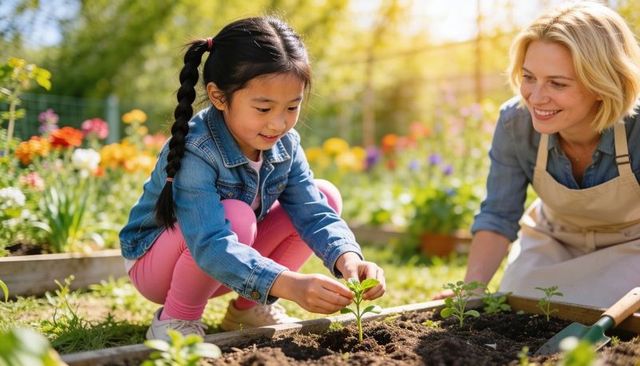 Young girl planting seedling in raised garden bed with smiling mentor teaching gardening