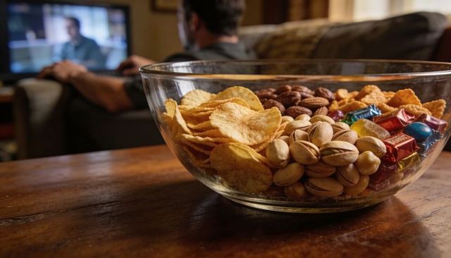 Snack bowl closeup on coffee table for movie night with chips, pistachios, almonds, candy