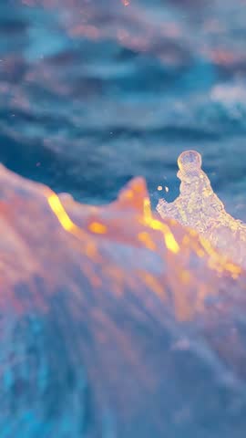 Vertical close-up video capturing translucent cresting wave ejecting spray with warm light reflectio