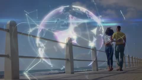 Couple Walking Seafront with Holographic Globe Symbolizing Connectivity