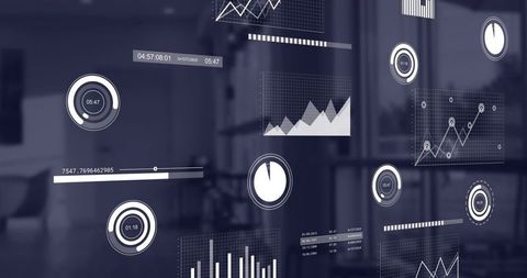 Transparent HUD analytics overlay with interactive charts and circular dials on office glass