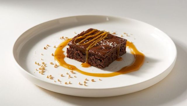 Glistening chocolate brownie drizzling caramel sauce with sea salt and nut bits