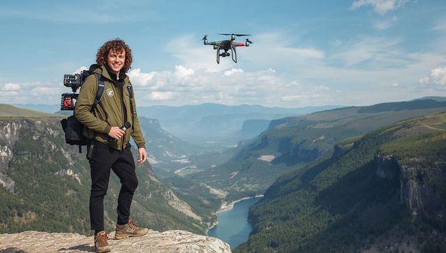 Hiker piloting drone over dramatic mountain canyon with professional camera backpack
