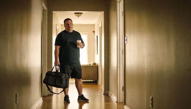 Man holding coffee and carrying duffel bag in narrow hallway returning from early morning gym