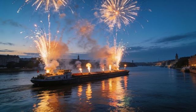 Cargo barge launching fireworks along riverside at dusk with urban lights and reflections
