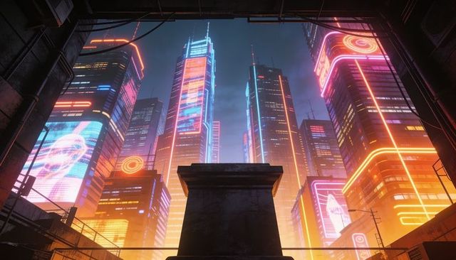 Neon cybercity skyline with glowing skyscrapers, futuristic night towers and urban glow