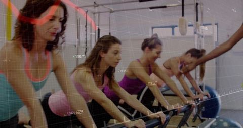 Pilates reformer group training with data overlay for posture, alignment, and synchronization