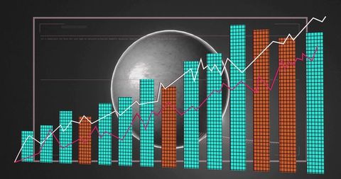 Futuristic data dashboard showing rising bar chart with neon mosaic bars and trend lines
