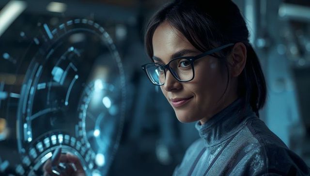 Asian female engineer using holographic interface in futuristic lab wearing glasses