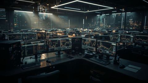 Futuristic online trading room with monitors displaying market data