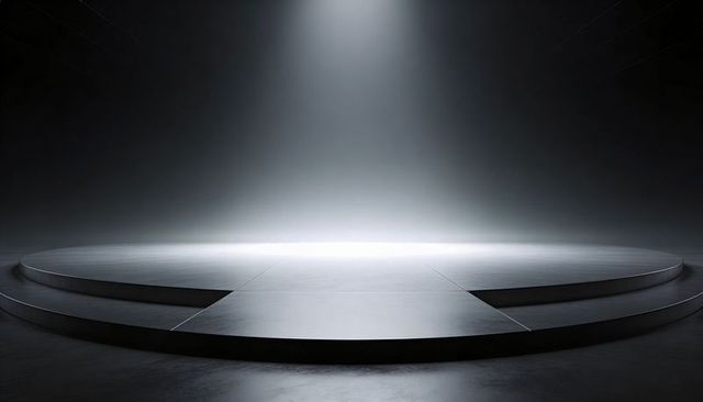 Minimalist Circular Three-Tier Stage with Recessed Runway and Dramatic Spotlight Studio