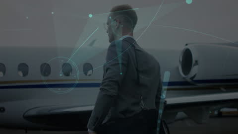 Businessman Engaging with Global Network Interface at Airport
