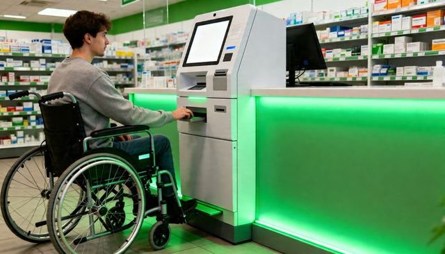 Wheelchair user using self-service kiosk at pharmacy counter highlighting accessible care