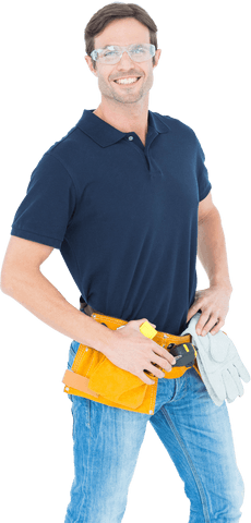 confident craftsman wearing protective gear with tool belt - Download Free Stock Videos Pikwizard.com