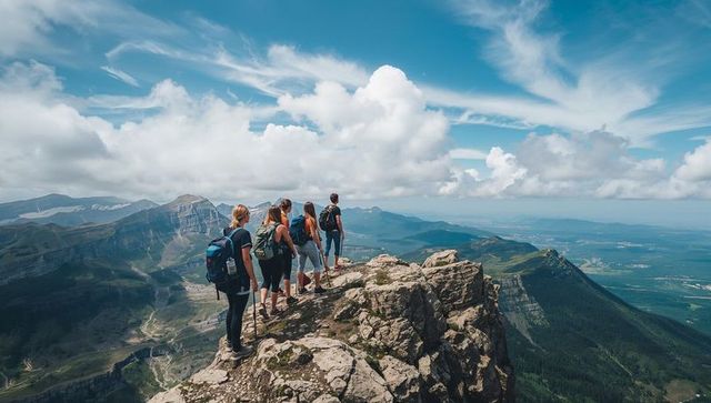 Hikers standing on rocky ridge overlooking expansive mountain valley and dramatic sky