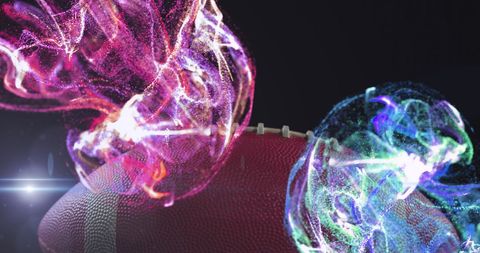 Rugby Ball with Vibrant Light Swirls in Abstract Composite Design