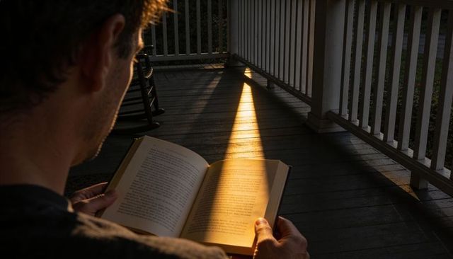Man reading open book on sunlit porch holding pages in warm evening sunbeam